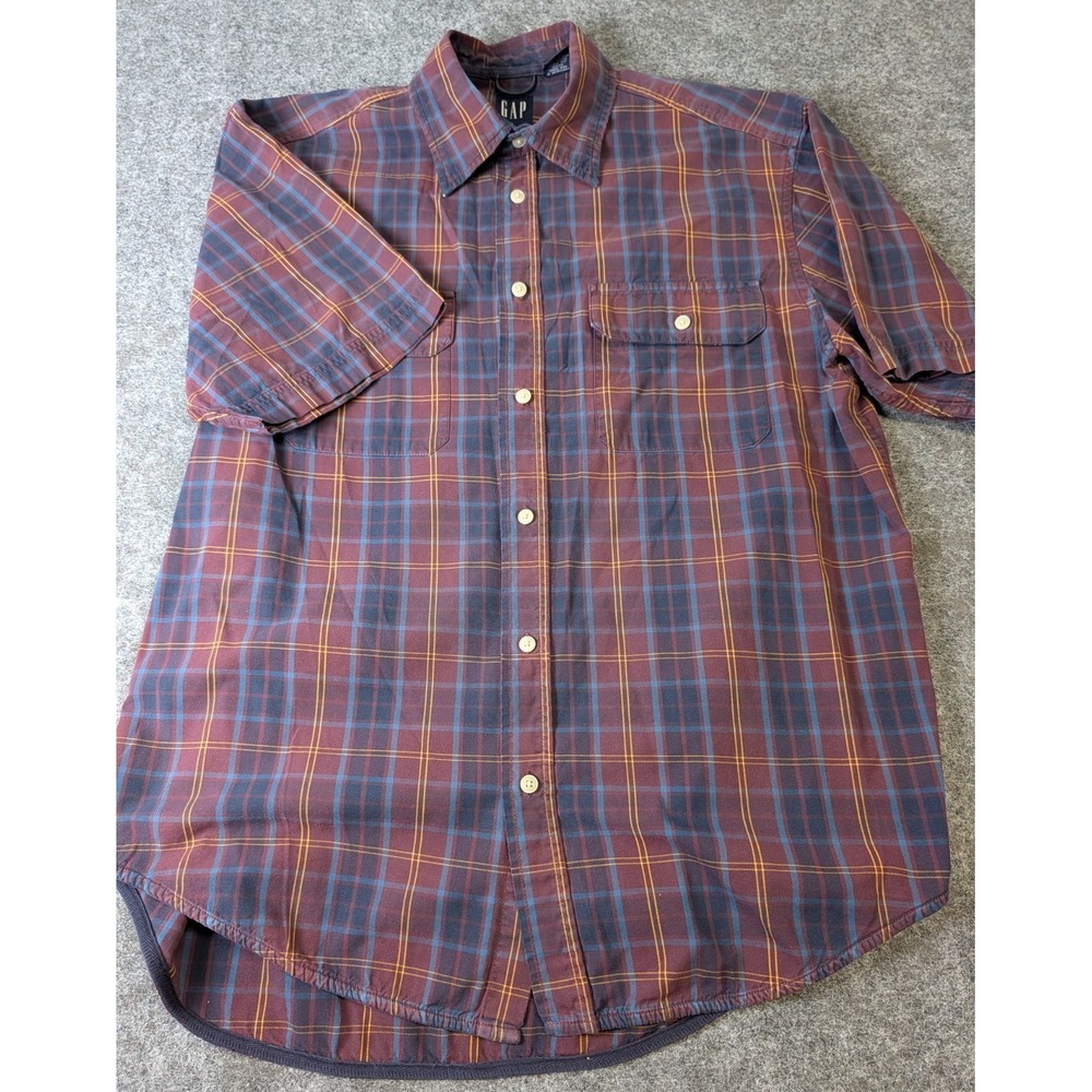 GAP  Button Up Shirt Short Sleeve Men's Medium Maroon/Blue Plaid See Description